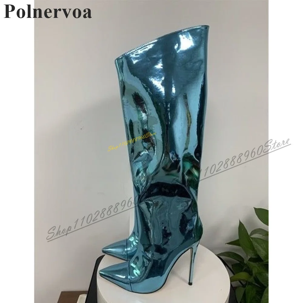 Kniehohe Luxus Abgeschrägte Gold Spiegel Stiefel Thin High Heel Frauen Schuhe Seitlichem Reißverschluss Spitz 2024 Mode Zapatos Para Mujere