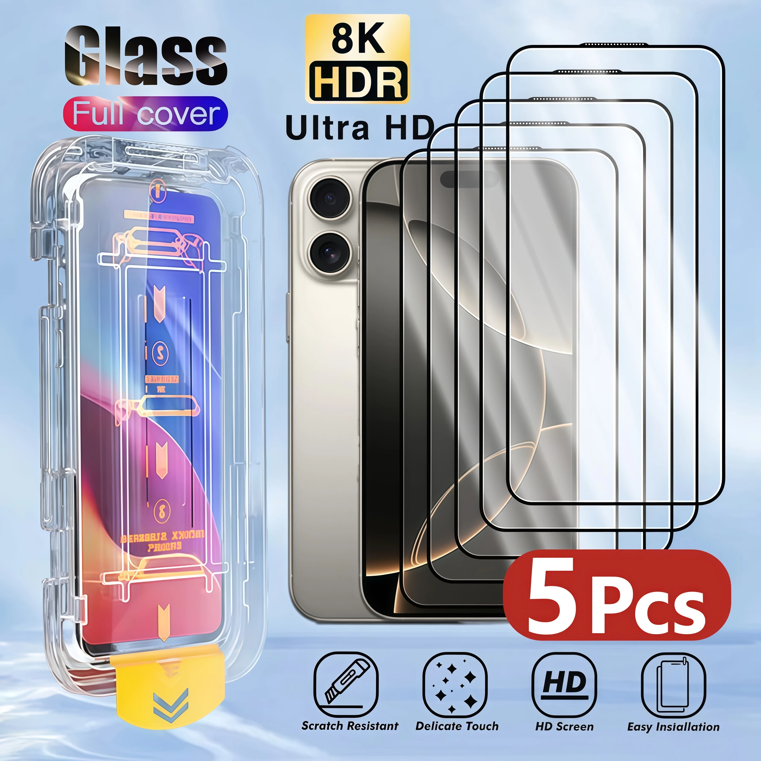 5 قطعة HD حامي الشاشة آيفون 16E 16 15 14 13 12 11 برو ماكس ميني 6 7 8 زائد X XS ماكس XR الغبار تركيب الهاتف الزجاج