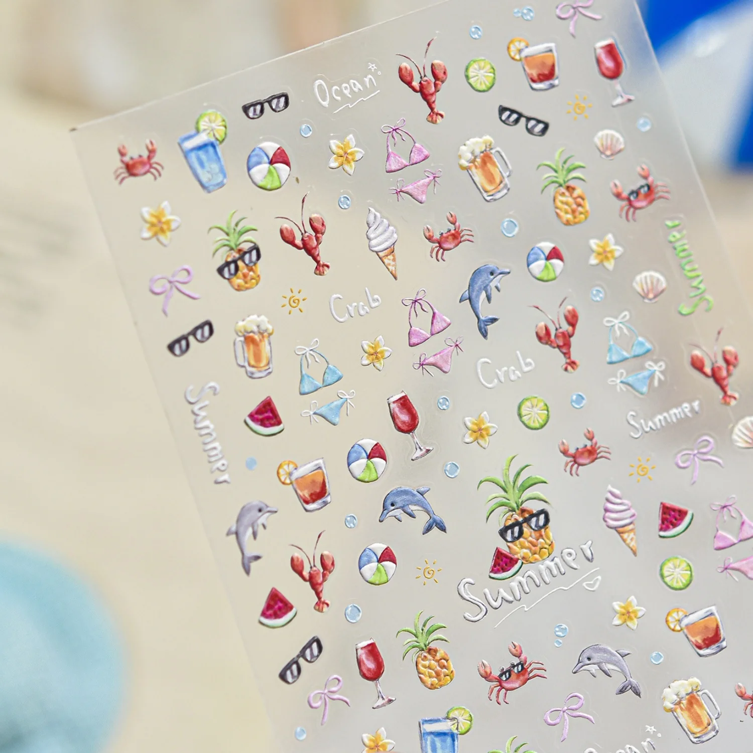 Ocean Island 5D Nail Stickers Seagull Starfish Conch Shell Palm Tree Beach Chair Drink Crab Ice Cream Sunglasses Vacation Decal