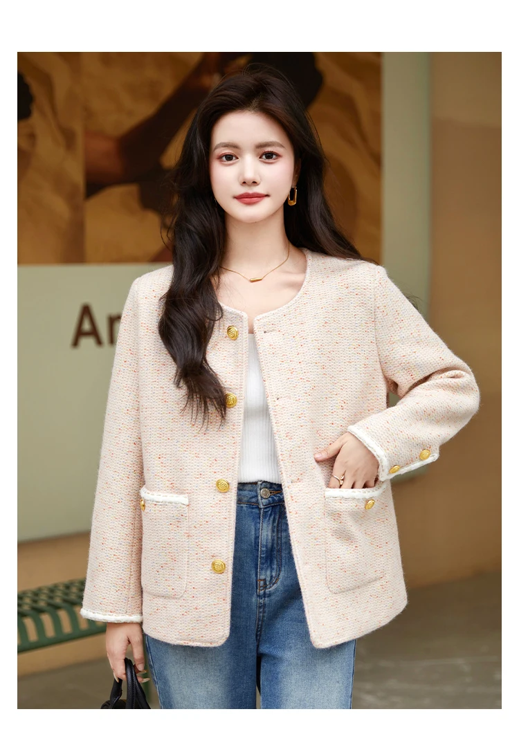 High Quality Medium Llong Slim Pink Fragrant Jacket Women Sweet Autumn Winter