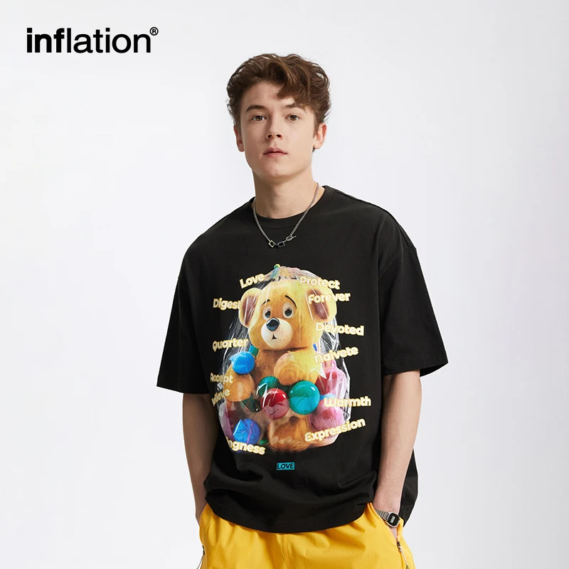 

INFLATION Unisex Fun Bear Print T-Shirt 200G Cotton Tee American Street Casual Printed Short Sleeve