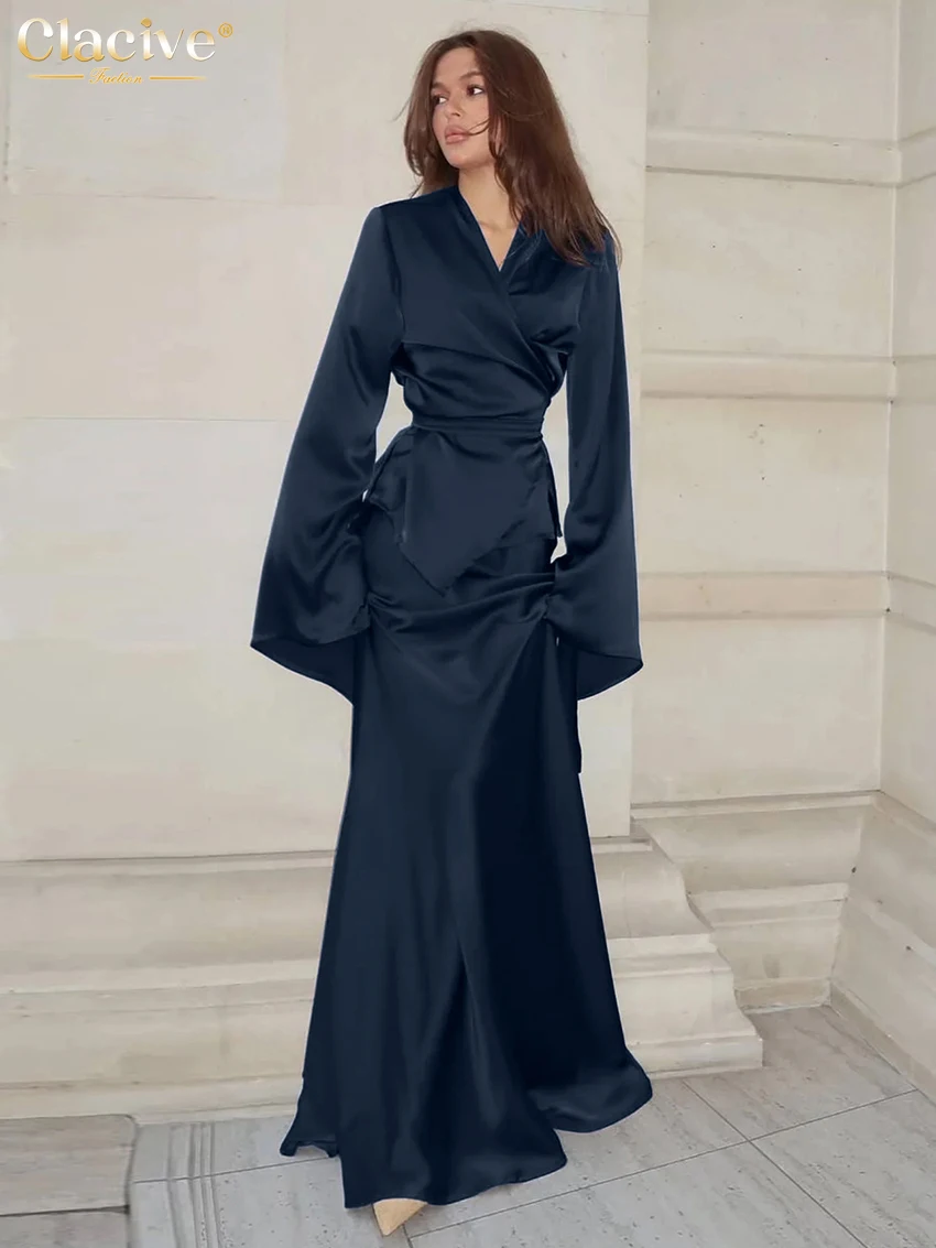 

Clacive Fashion Loose Blue Satin Two Piece Set Woman Elegant Long Sleeve Robes With High Waist Maxi Skirt Set Female Streetwear