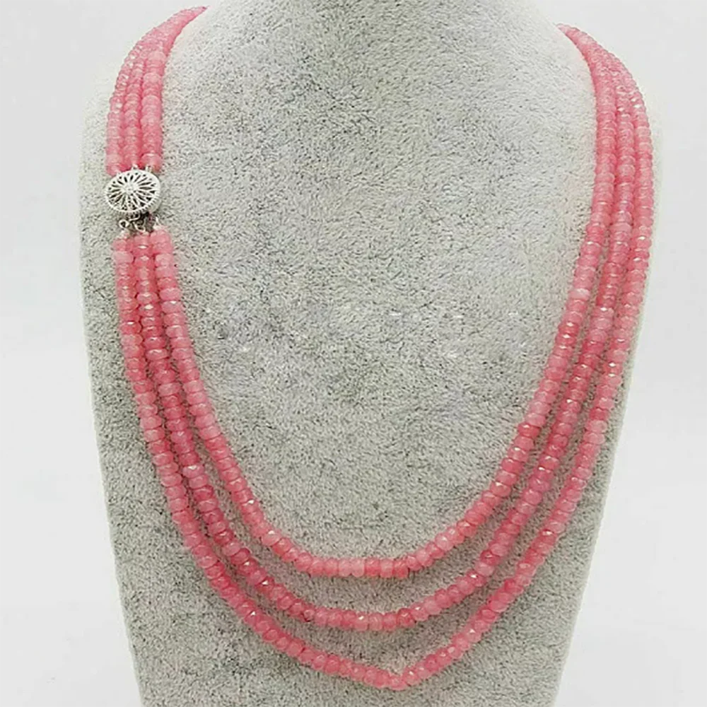 Women's 3Rows 2x4mm Natural Pink Jade Faceted Gems Beads Necklace 18-20''