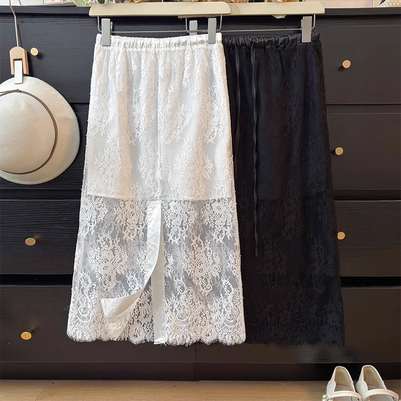 

Hollow Hook Flower Lace Midi Skirt Women 2025 Spring Summer High Waist Drawstring Tie Split Long Skirts Fashion Skort