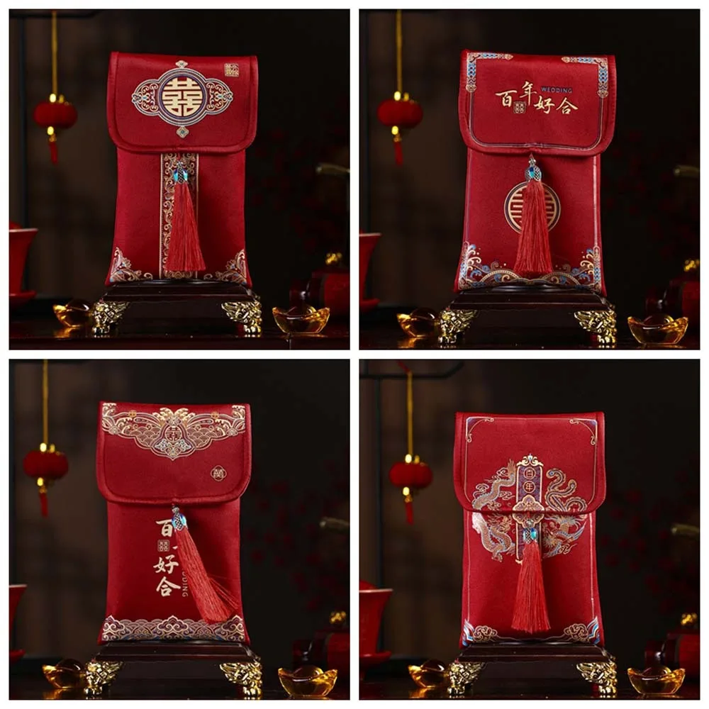 New Year Blessing Words Brocade Red Envelope Best Wishes Spring Festival 2025 Money Pocket Brocade Cloth Tassel HongBao