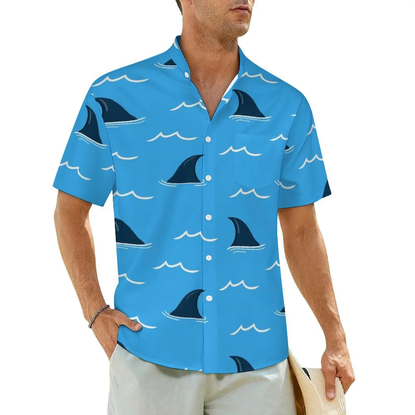 Sharks Fin Vacation Shirt Animal Print Hawaiian Casual Shirts Men Loose Blouses Short Sleeve Comfortable Pattern Clothing