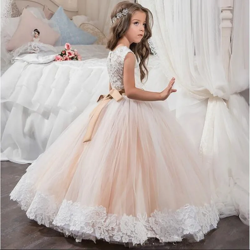 

Hot Sale Elegant satin Flower Girl Dresses Appliques Long Princess Party Pageant First Communion Dresses
