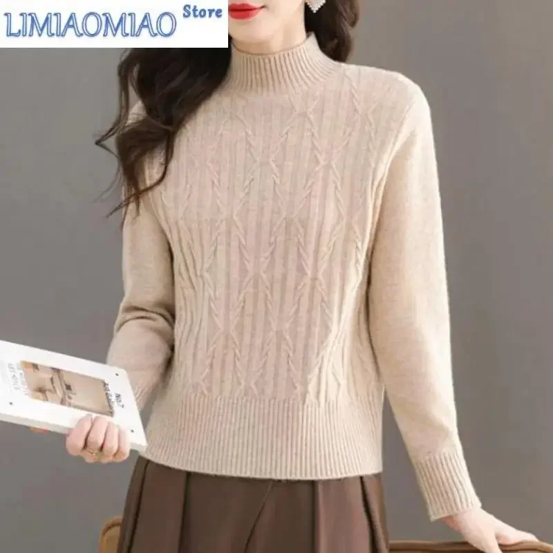 

Осень-зима, однотонный пуловер, свитер с длинными рукавами и завинчивающейся резьбой, вязаная женская одежда, привлекательные топы с полувысоким воротником