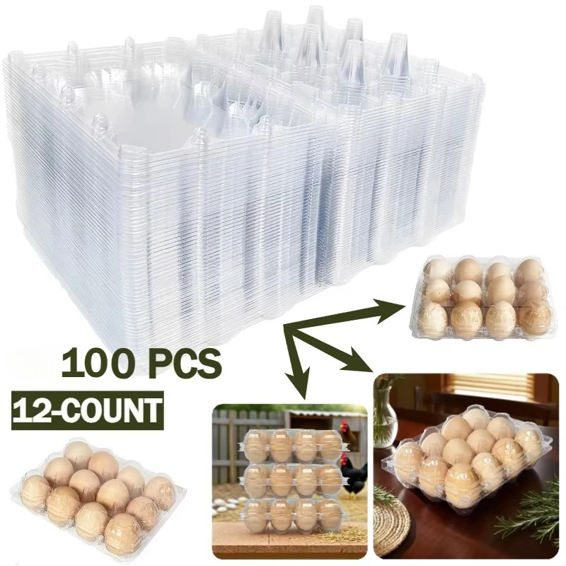 

100Pcs 12-Count Plastic Egg Cartons Bulk Clear Reusable Egg Containers Holds Suitable for Farms Markets and Families