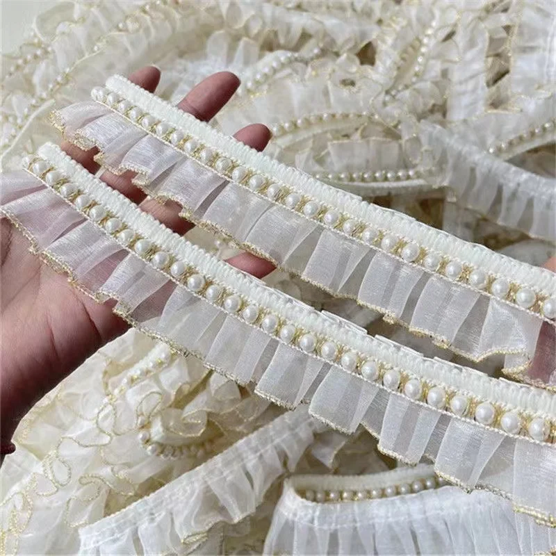 4CM Wide Luxury Pleated Chiffon Glitter Beaded Fringed Ruffle Lace Fabric Collar Trim Wedding Dress Guipure DIY Sewing Decor