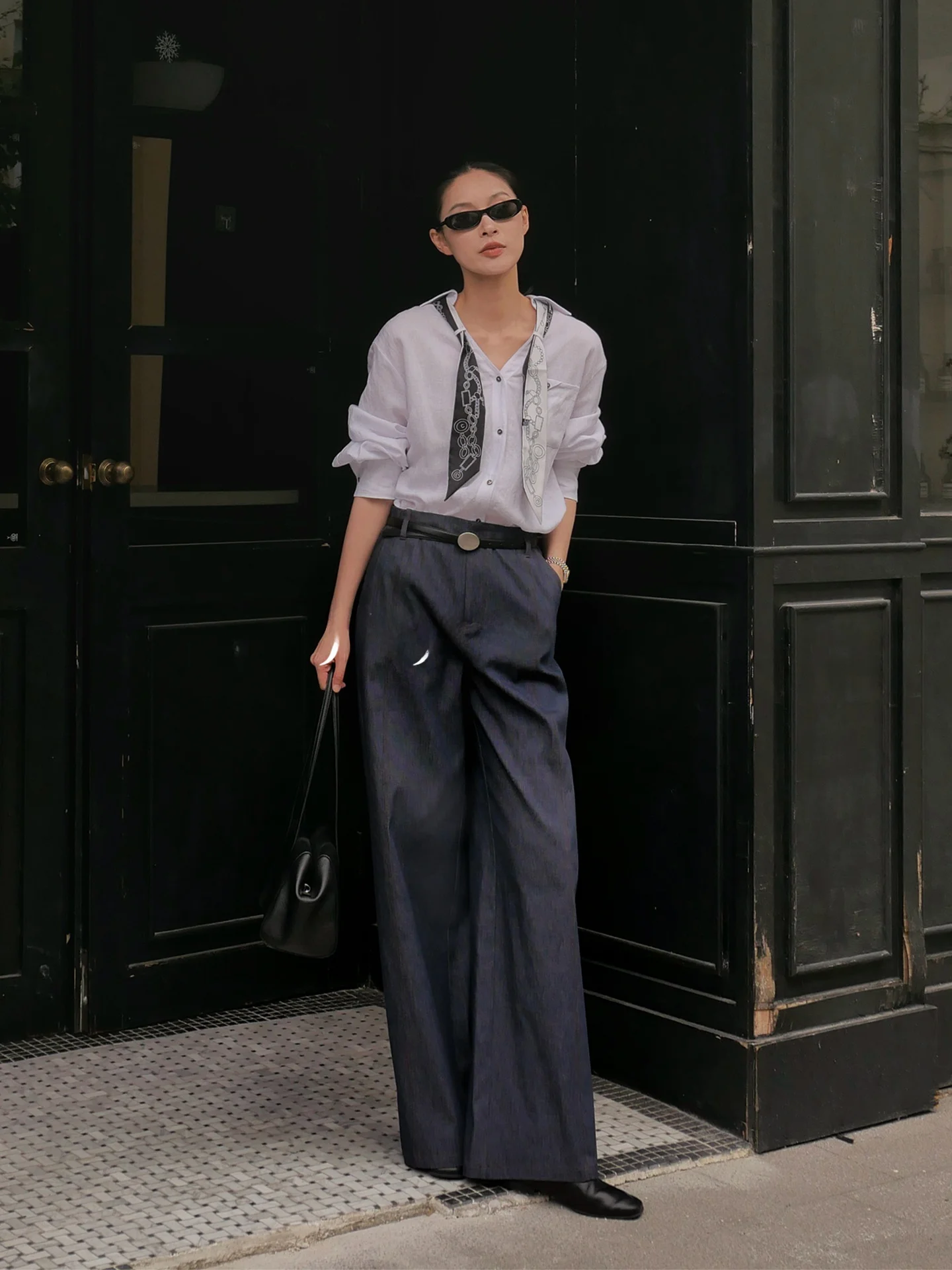 

Fashionable Ruche Detail Linen Shirt Women's Straight Cut Long Sleeve Slimming Tie Neck Spring Summer New Arrival JIEJI ZHANG
