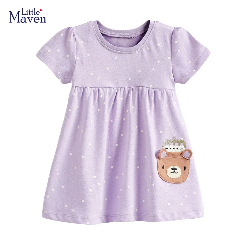 Little Maven 2024 Summer Purple Kids Baby Girls Clothes Short Sleeves Dresses Cartoon Bear Children's Clothing Vestidos Cotton