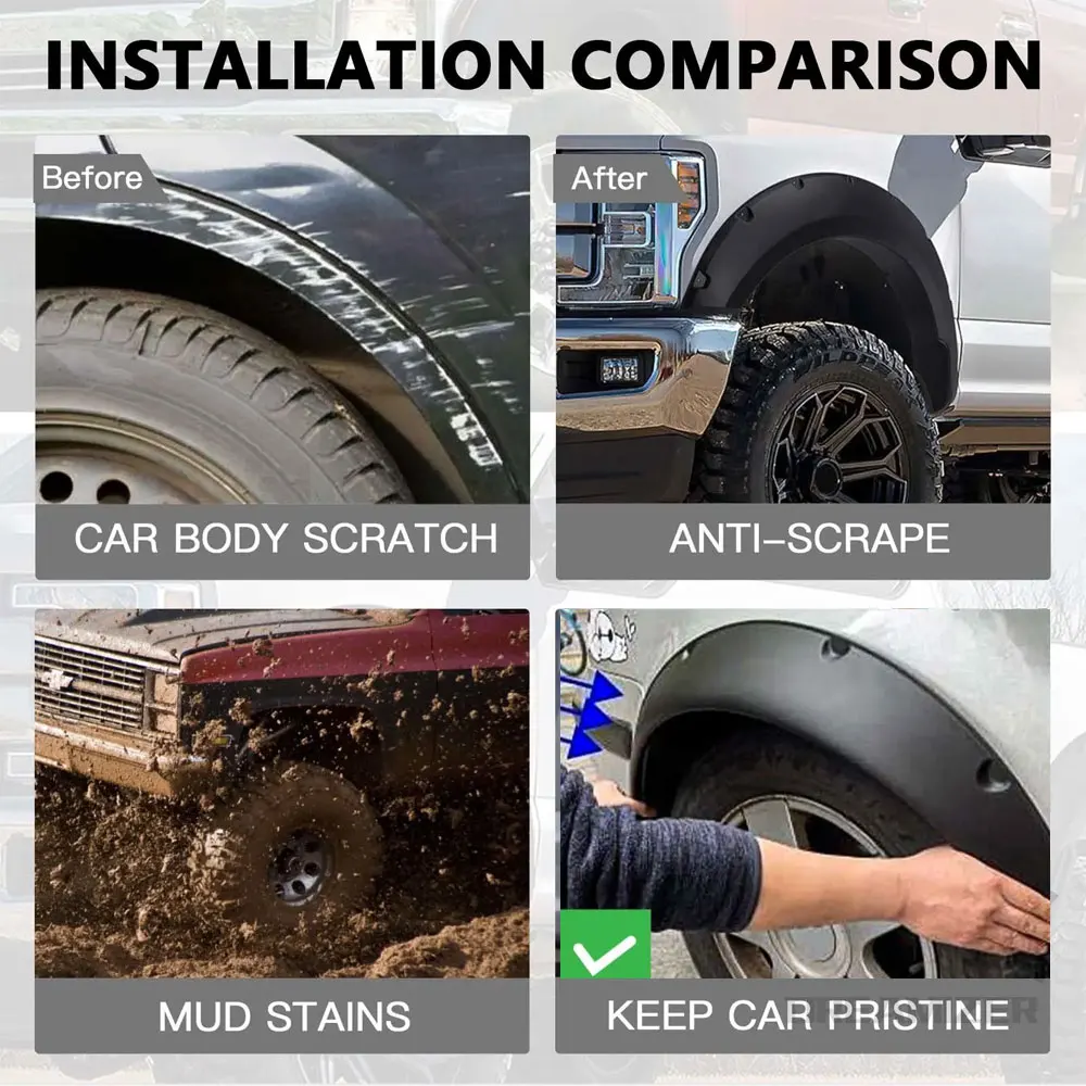 Extensions d'ailes universelles 4 pièces, 2 tailles, souples, pour protection anti-boue et anti-éclaboussures, extra larges pour passages de roues