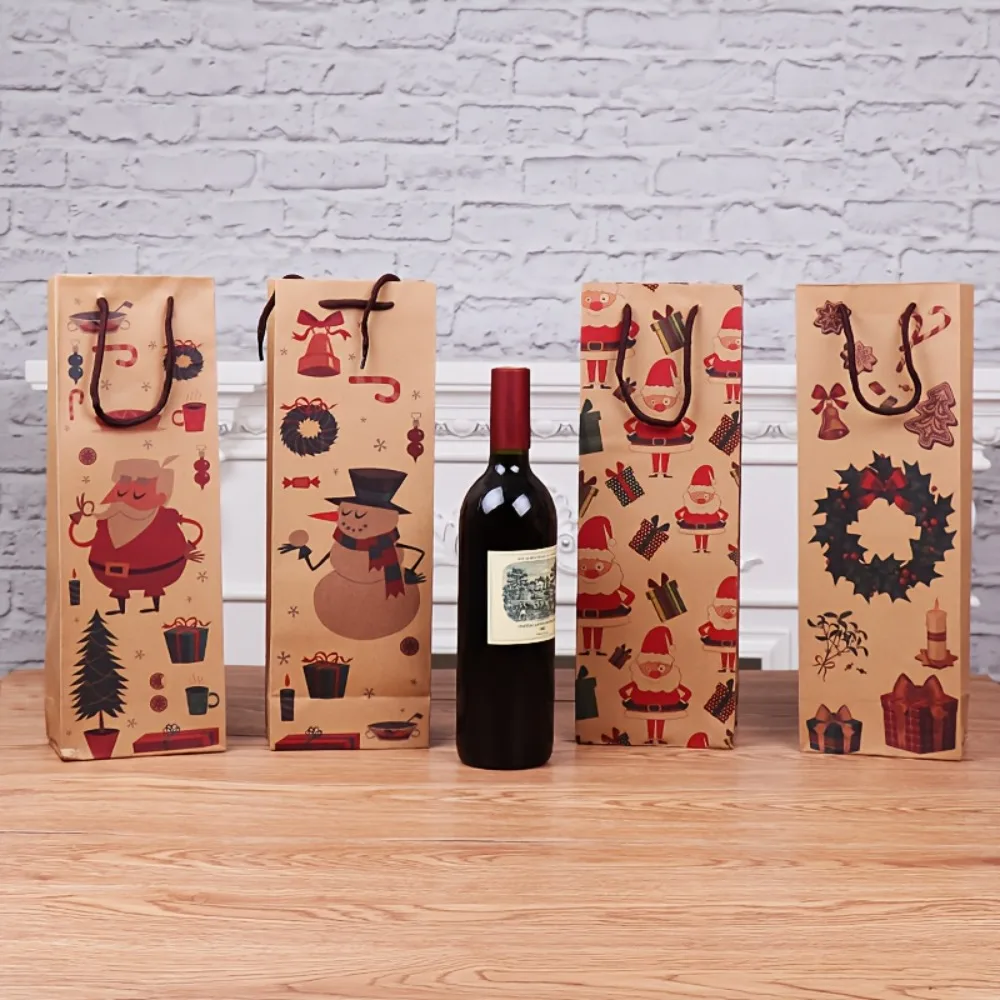 

4Pcs Christmas Kraft Paper Wine Bottles Bags With Handle Santa Snowmen Red Wine Packaging Bag New Year Party Gift Pouch Holders
