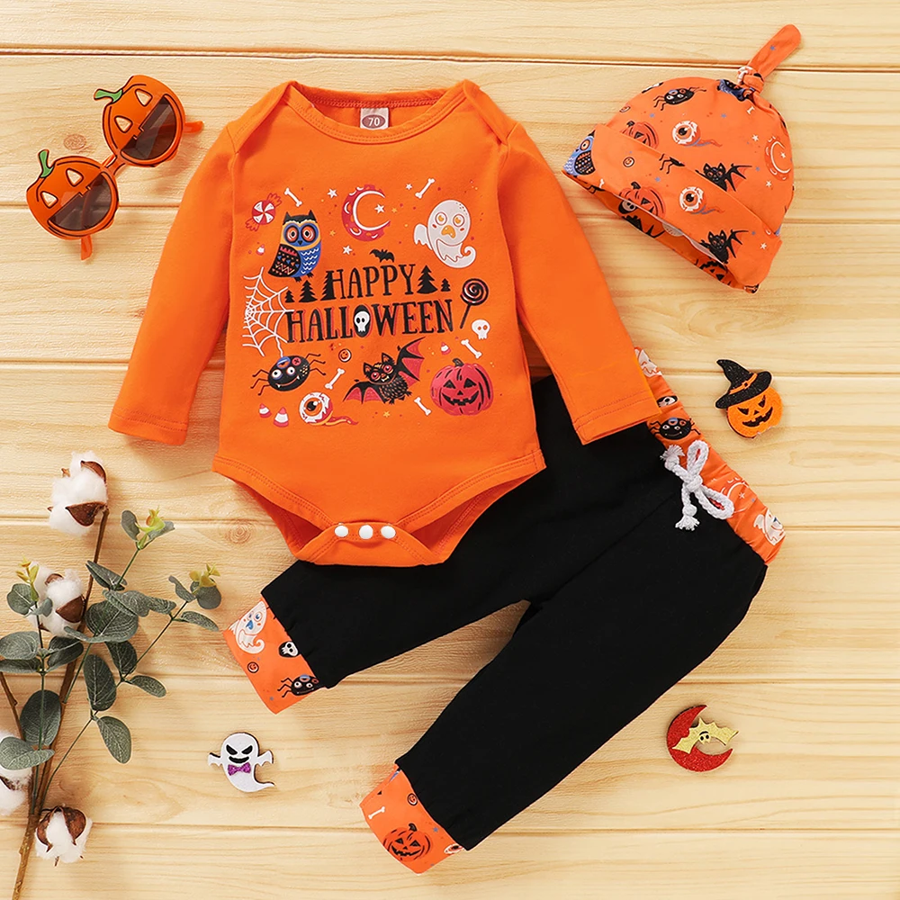 My First Halloween Baby Boys Girls 3pcs Outfits Fall Letter Print Long Sleeve Romper+Pants+Hat Festival Costumes Unisex Jumpsuit