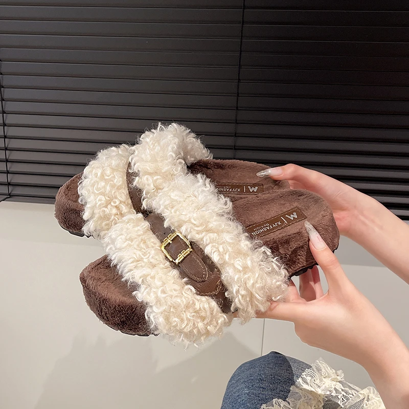 Super popular women's furry slippers, autumn and winter  outer-wear, internet-famous curly fur thick-soled slip-on sandals