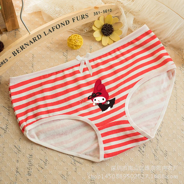 Kawaii Sanrio Hello Kitty Panties Lolita Anime Blue Pink Green Black Candy Color Stripe Underwear Underpants Girls Cosplay