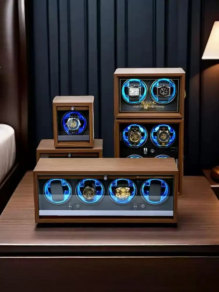 Walnut 4 Watch Winder Box Independent Rotation Control Blue LED Lighting Automatic Watch Rotator Display Cabinet