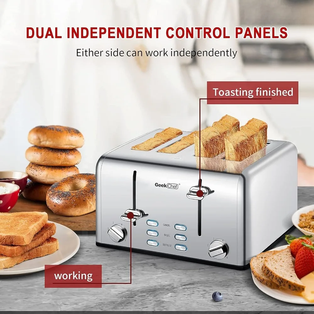 Tostadora de acero inoxidable de 4 rebanadas con Bagel, función de descongelación y cancelación, Panel de Control Dual de 6 ajustes de sombra de pan de tostado