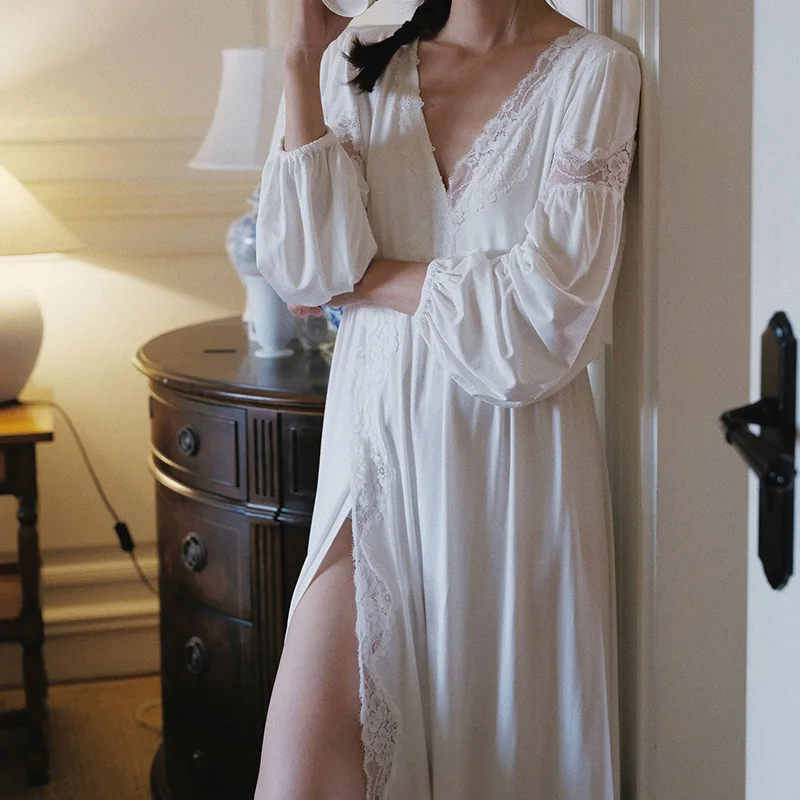 

Fairy Modal Cotton Long Lace Nightgown Elegant Temperament French Princess Sleepwear Morning Gown Spring Summer Nightgown