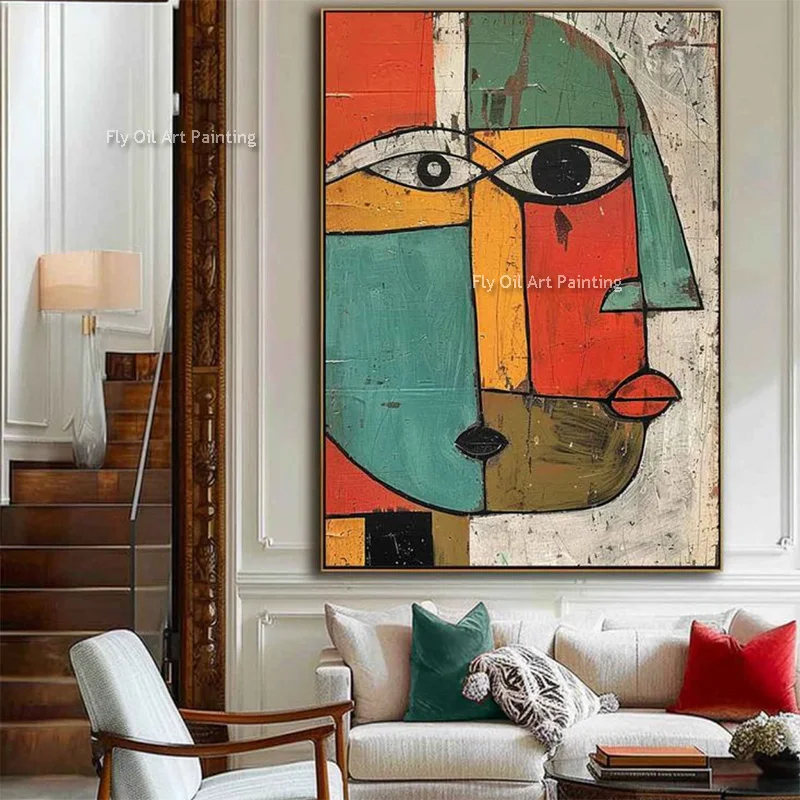 

Grey Blue White Women Face Canvas Thick Wall Art Handpainted Abstract Brown Blue Yellow Pepole Oil Painting Simple Bedroom Decor