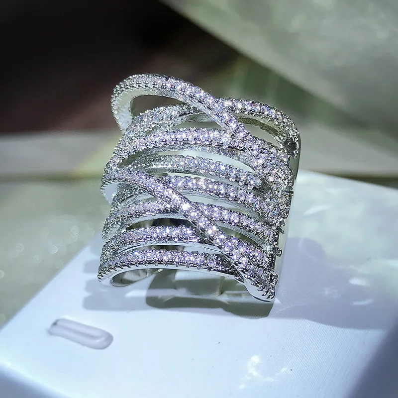 2022 NEW Exaggerated Multi-layer Winding Cross Couple Ring For Women Layered Full Diamond Engagement Wedding Gift Party Jewelry