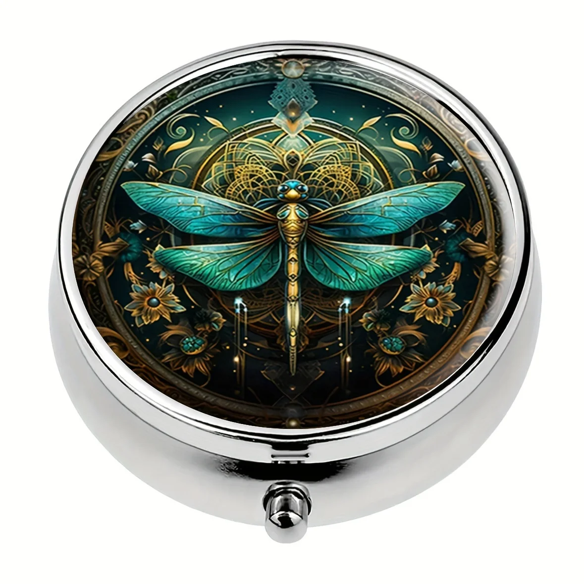 Dragonfly Decorative Pill Organizer - 3 compartment portable tablet vitamin box for pocket or purse,with spiritual design