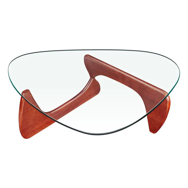 Mesa de café triangular moderna com moldura de madeira, bancada de vidro, salão, várias cores e modelos de sala