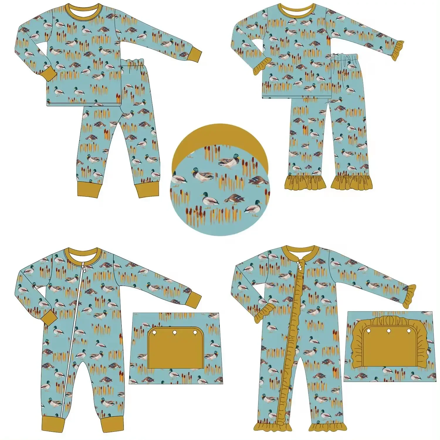 New high-quality children's set long-sleeved lace duck grass print trousers lace girls boys trousers pajamas set baby romper