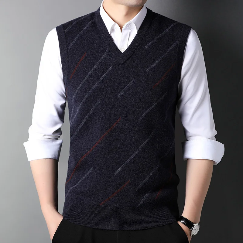 Men's 100% Wool Casual Sweater Vest Thick Warm Pullover Vest Irregular Stripes V-neck Autumn and Winter Comfortable Sweater Vest