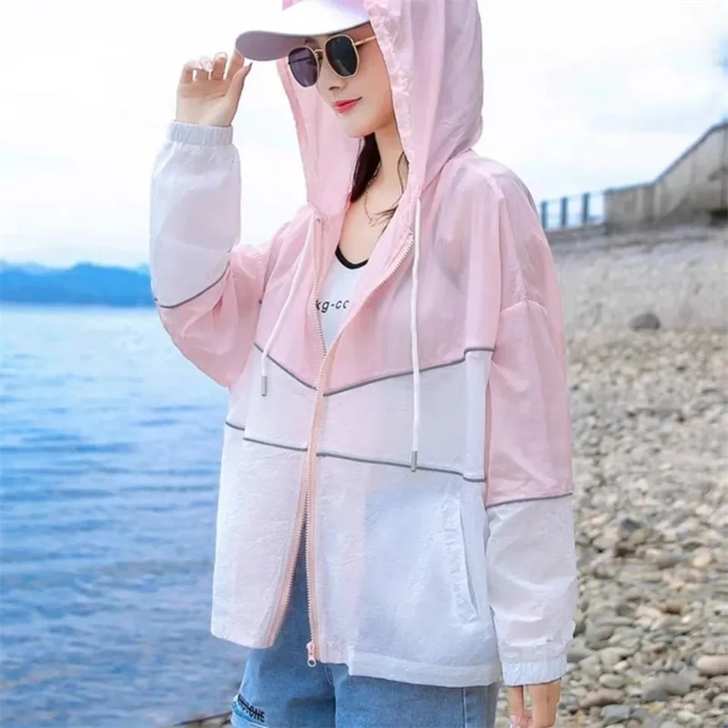 Color Matching Sunscreen Clothing Women's Summer Thin 2025 Korean Lazy Wind Loose Long-Sleeved Jacket Student Fashion hooded Top