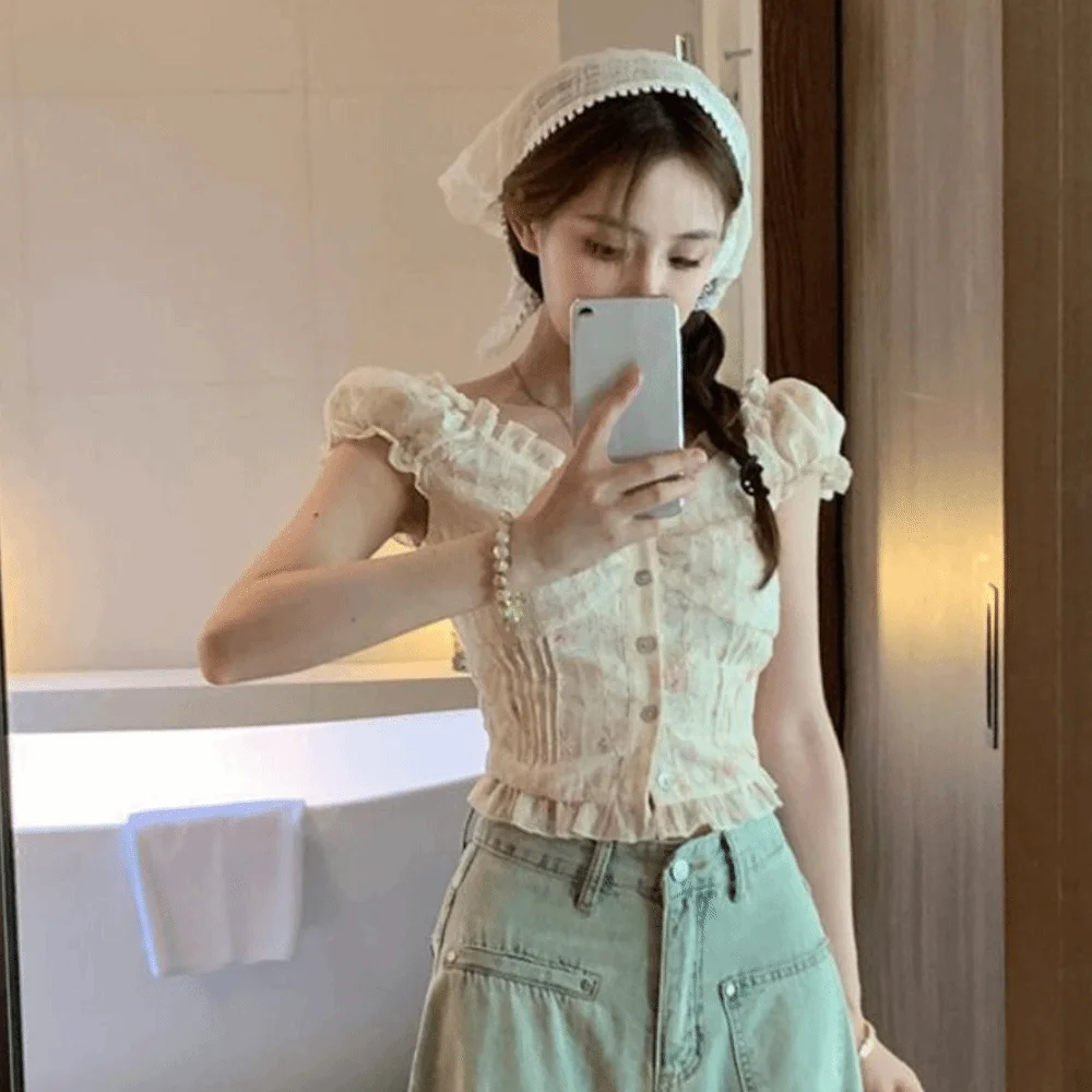 

Pleated Puff Sleeve Crop Top Off Shoulder Slim Fit Embroidered Floral T-shirt Spicy Girl Ruffle Sweet Top Women Summer