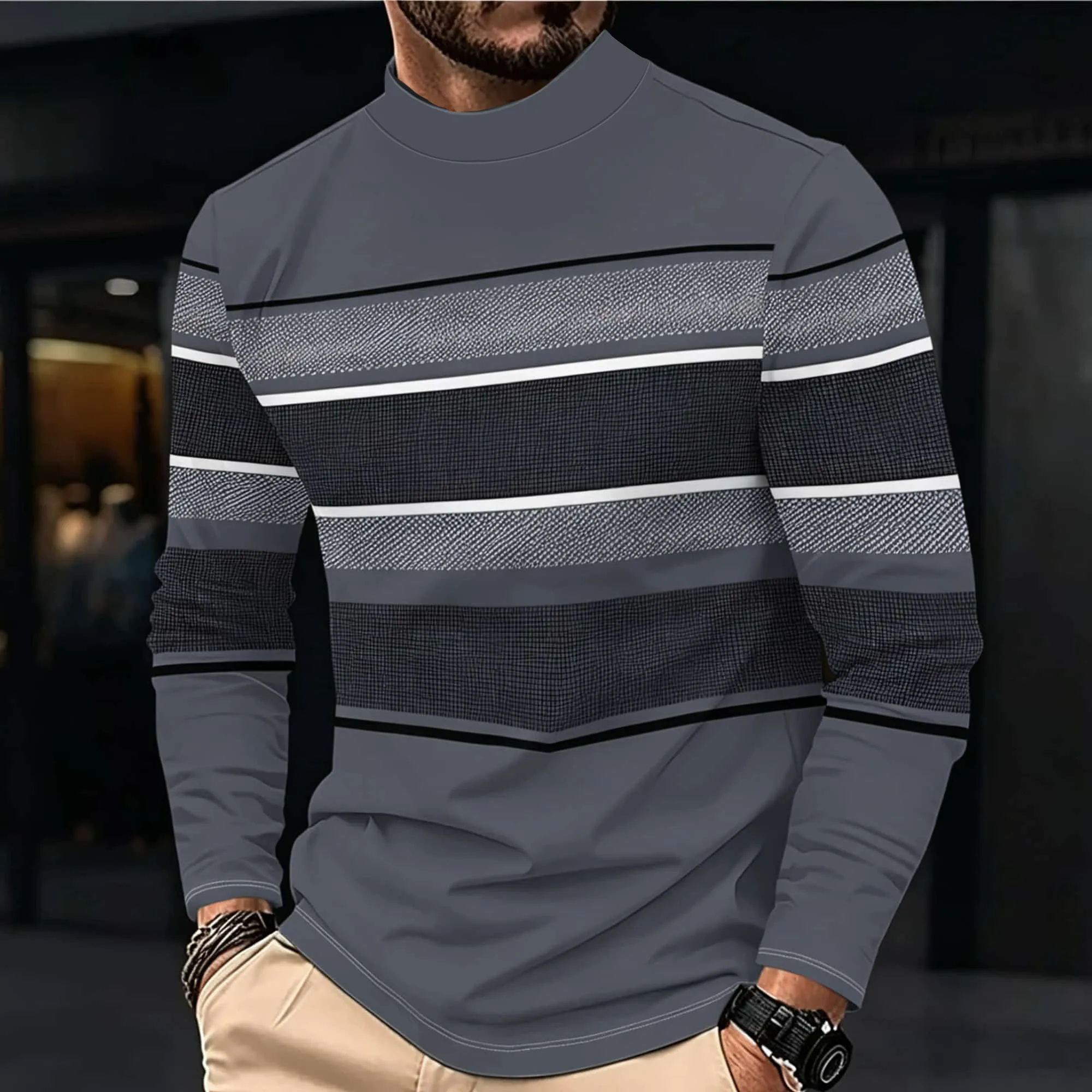 Minimalist Textured Stripe Men Mock Neck Pullover Long Sleeve Tee Contrast Grey Black Striped Pattern Smart Casual Tops