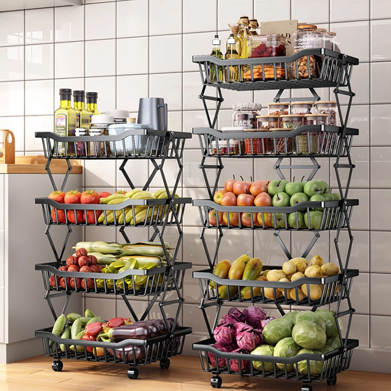 

Folding Kitchen Multi-layer Fruit and Vegetable Shelf Floor Type Storage Basket Toilet Living Room Cosmetic Multifunctional Rack