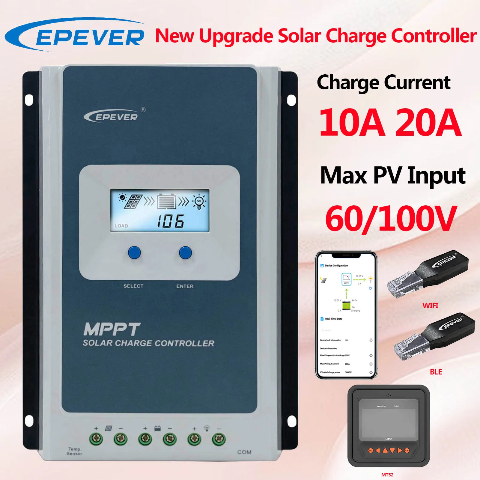 

EPEVER New Upgrade Without Battery Start Up 20A 10A MPPT Solar Charge Controller Max PV Input 60V or 100V Connected to WIFI MT52