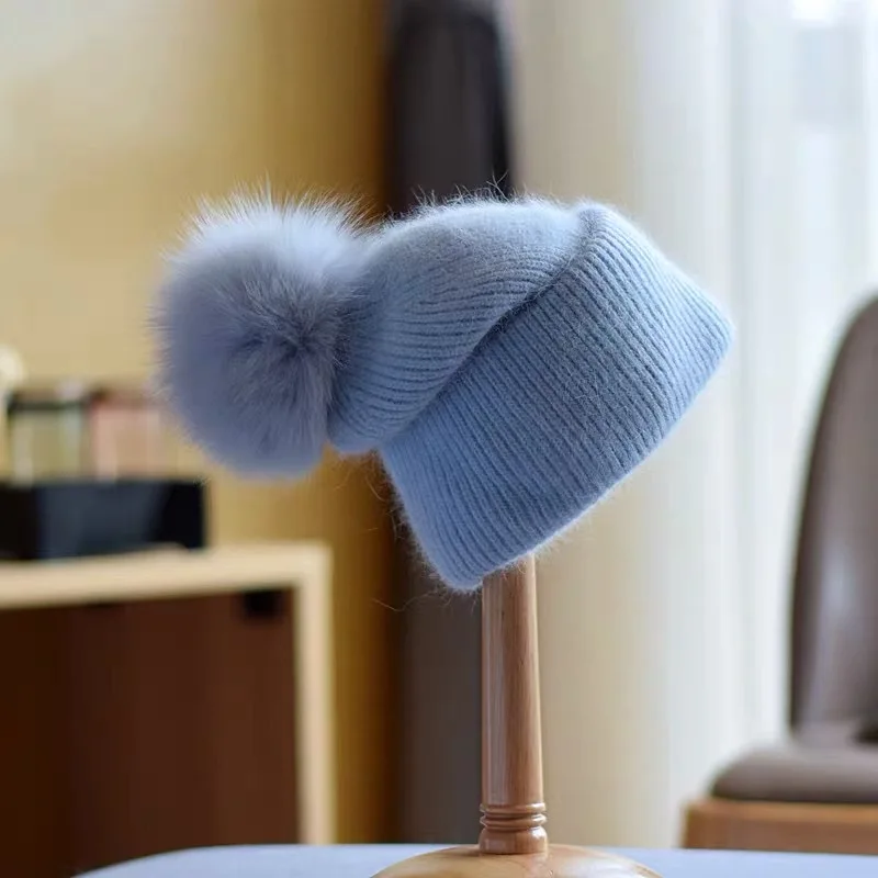 Japanese Rabbit Hair Fox Fur Pompom Hat Female Designers Knitted Hat Autumn Winter Warm Ear Protection Hat Beanies Hat