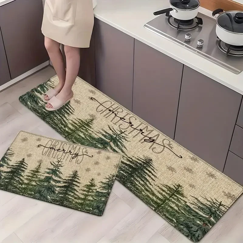 Frohe Weihnachten 2-teiliges Küchen-Badematten-Set, rutschfeste Polyester-Strickteppiche für Badezimmer, Eingangsbereich, maschinenwaschbar, Innendekoration