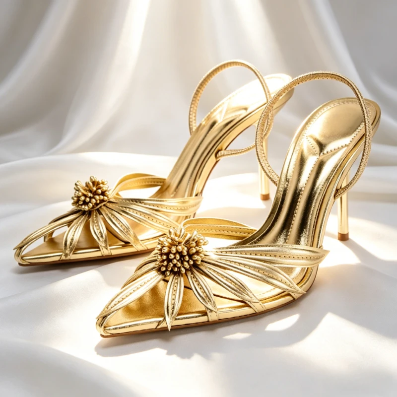 Gold Floral Detail Slingback Heels Women Fashion Hollow Narrow Band Pointed-Toe Designer Shoes Luxury Party Stiletto Dress Shoes