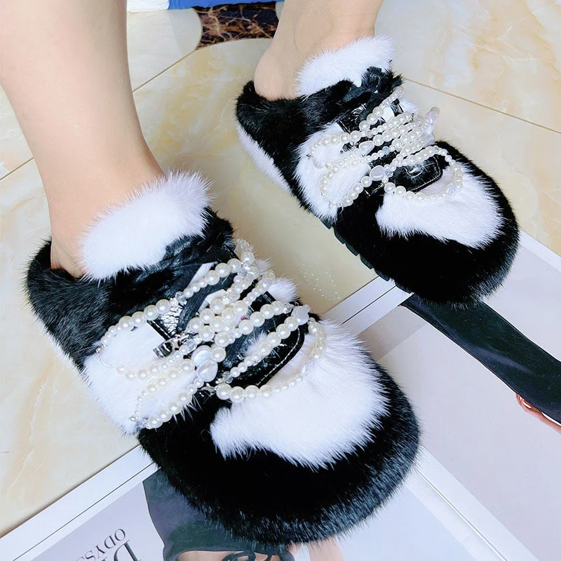 Fashion Women's Pearl Chain Slippers High Quality Mink Hair Autumn Leisure Outdoor Plush Baotou Shoes 2023 European Station New