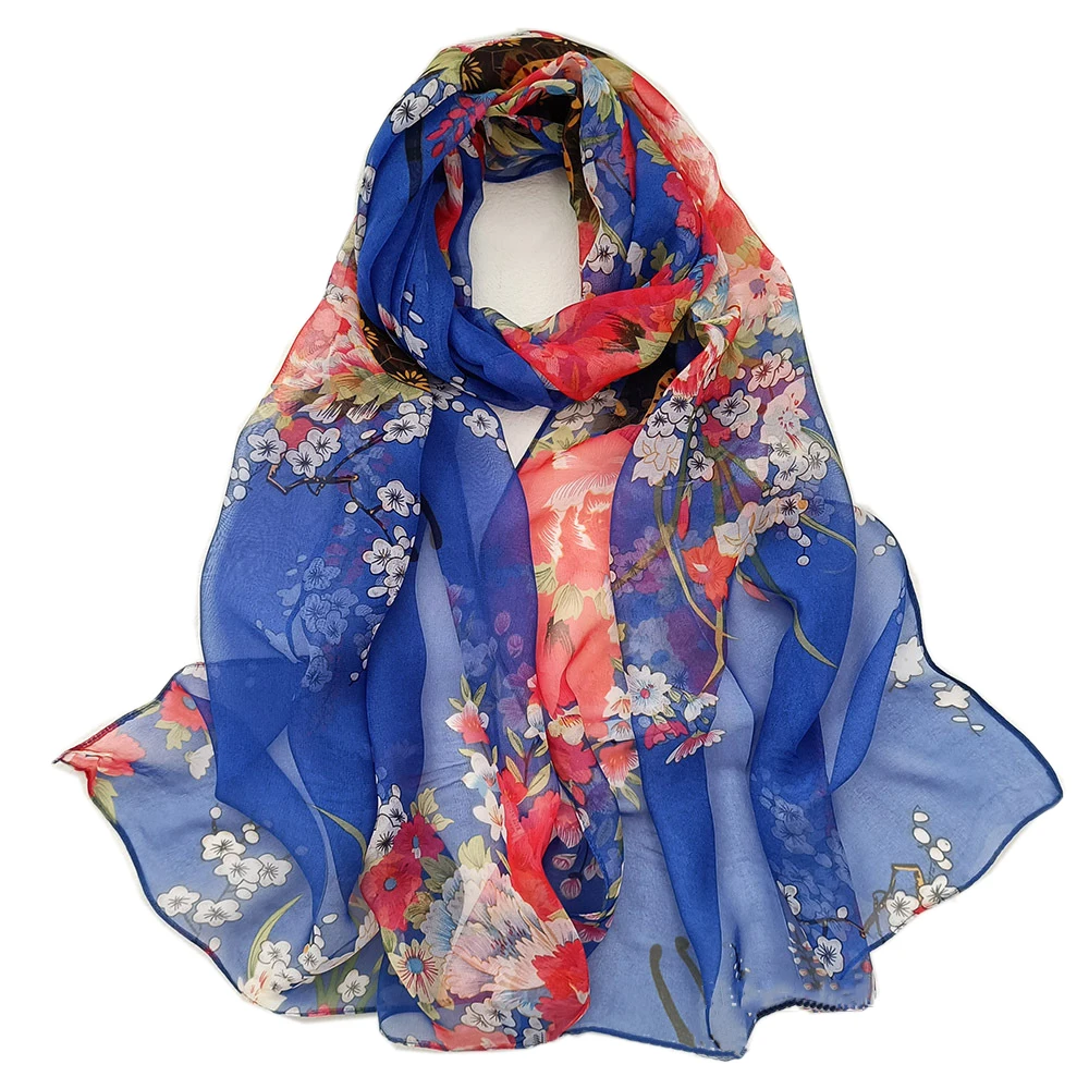 

New Fashion Flower Chiffon Silky Georgette Scarf for Women Printing Long Soft Wrap Shawl Beach Kerchief Scarves Foulard hijabs