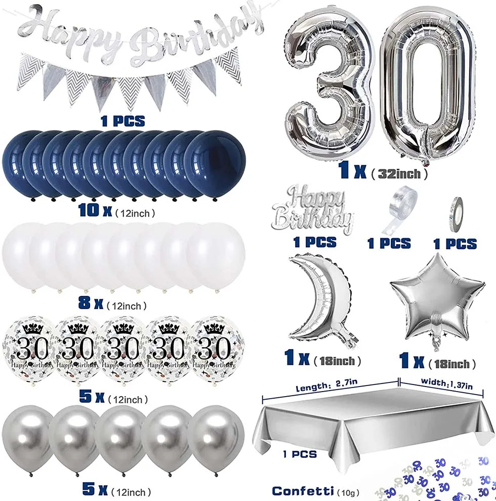 Men Women 30th Birthday Balloon Decor 30 Years Old Birthday Party Decorations Blue Silver Gold Balloon Garland  Photo Backdrop