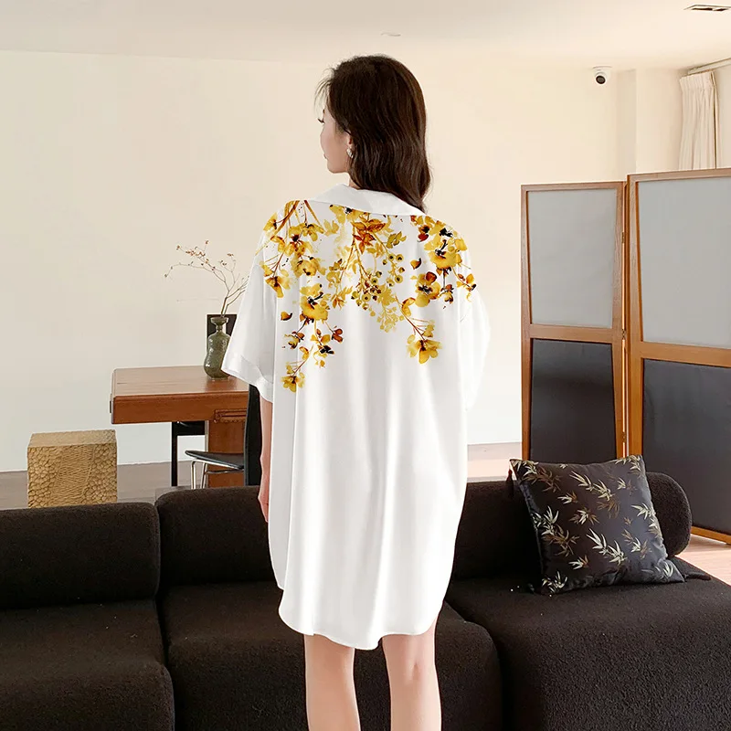 Silky Satin Home Nightdress Lady Cardigan Shirt Night Dress Sex Lapel Boy Friend Style Sleepwear Fashion Sleeping Shirt Woman