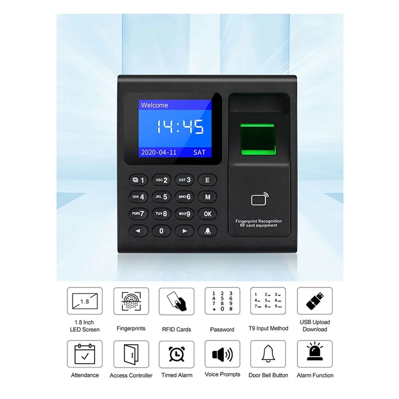 Máquina de asistencia con huellas dactilares + 10 tarjetas, Control de acceso, grabadora de reloj de tiempo eléctrico, gestión de datos USB, grabadora de reloj de tiempo