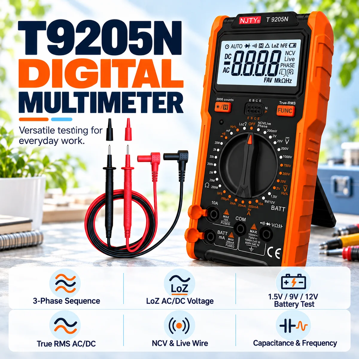 T9205N Digital Multimeter 2000 Counts True RMS Phase Sequence NCV Live Wire LoZ Battery Tester AC DC Voltage Current Backlit LCD