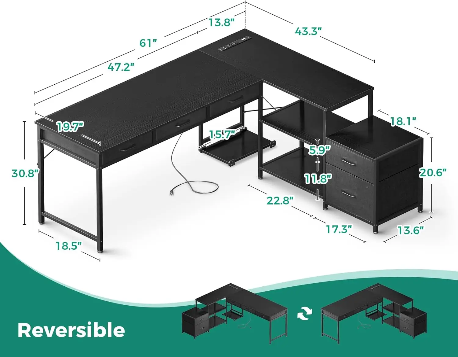 L-vormig bureau met 5 lades en opbergplanken, omkeerbaar thuiskantoor van 61 inch met stopcontacten, zwart