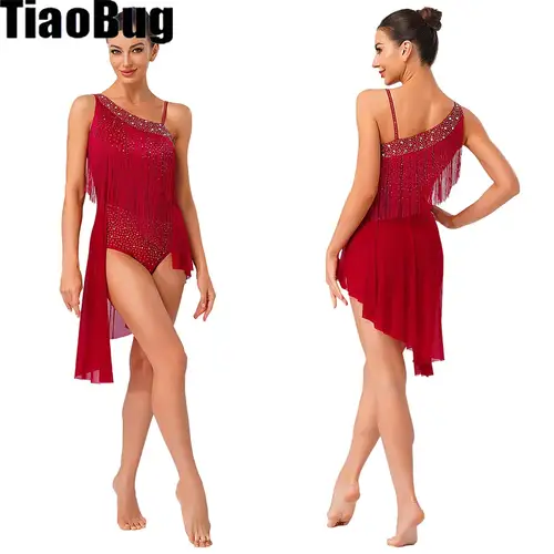 Imagen 1 del producto Vestido de leotardo de baile latino con borlas para mujer, hombro asimétrico, diamantes de imitación, patinaje artístico, Cha-cha, Samba, Tango, disfraz de actuación