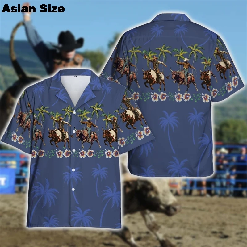 Bull Riding Sport 3D Print Shirts For Men 2025 Rodeo Contest Lapel Blouse Bullfight Club Team Beach Shirt Male Cow Streetwear