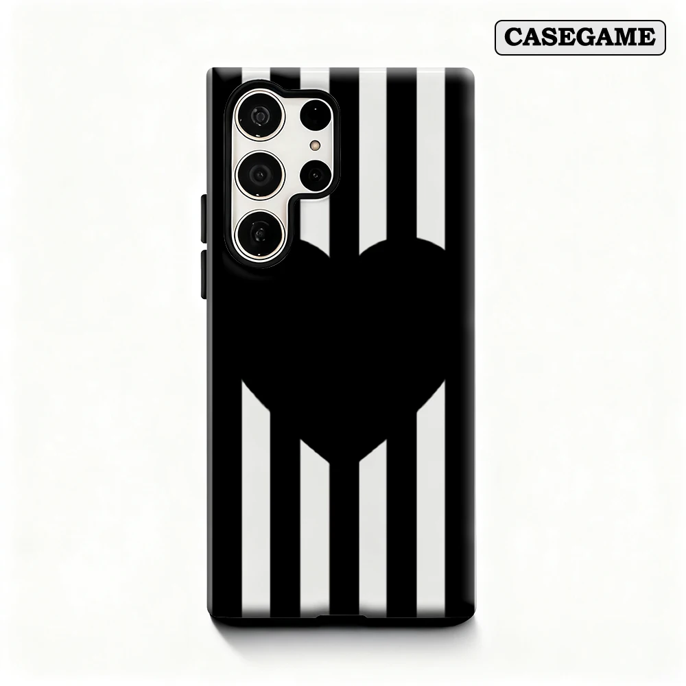 Black & White Heart Stripe Phone Case for Samsung Galaxy S25 Ultra S24 S23 Ultra Plus Shockproof Double Layer Back Cover