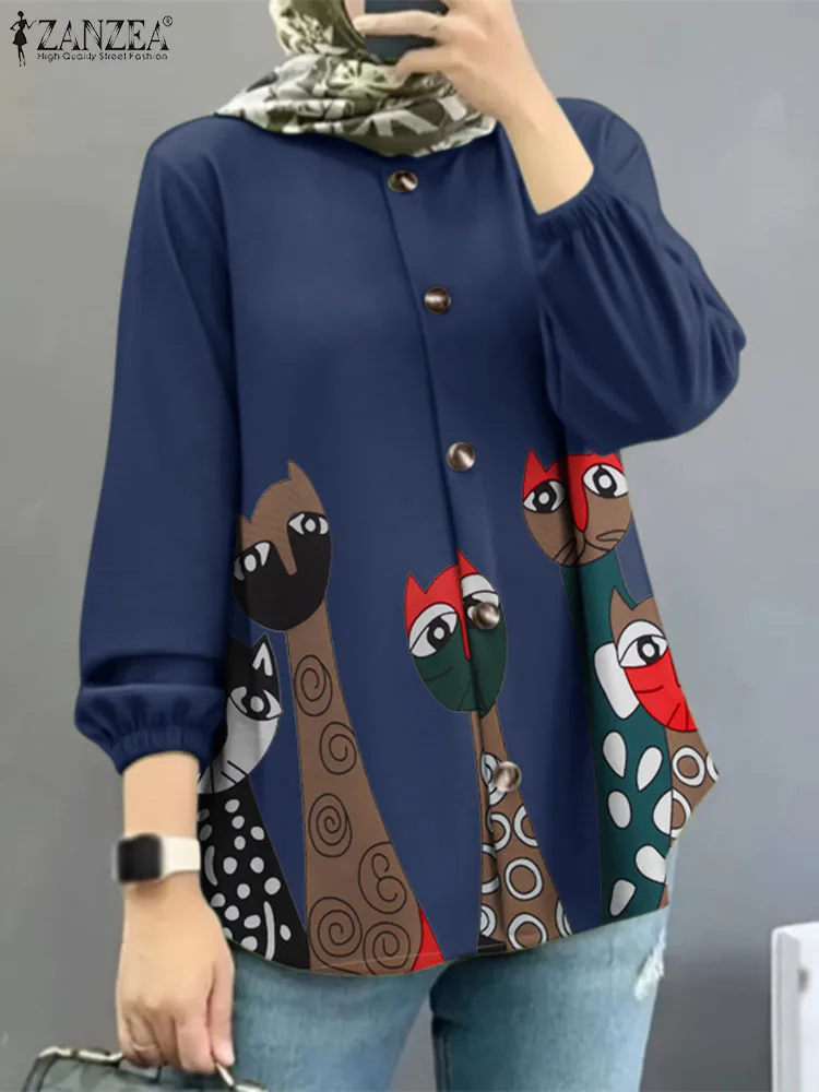 

Bohemain Printed Muslim Tops Women Fashion Long Sleeve Blouse ZANZEA Spring Elegant Work OL Shirt Button Blusas IsIamic Clothing