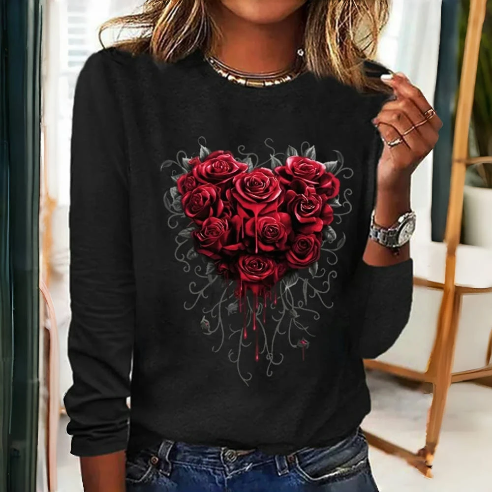 

Fashion Women's T-shirts Rose Print Long Sleeves T shirt Tops Casual Loose Women Clothing Pullover Street Trend O-neck Tees